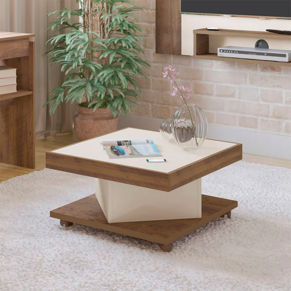 Conjunto de Rack Charlotte 2 PT com Mesa de Centro Quadrada Saara Pinho e Off White