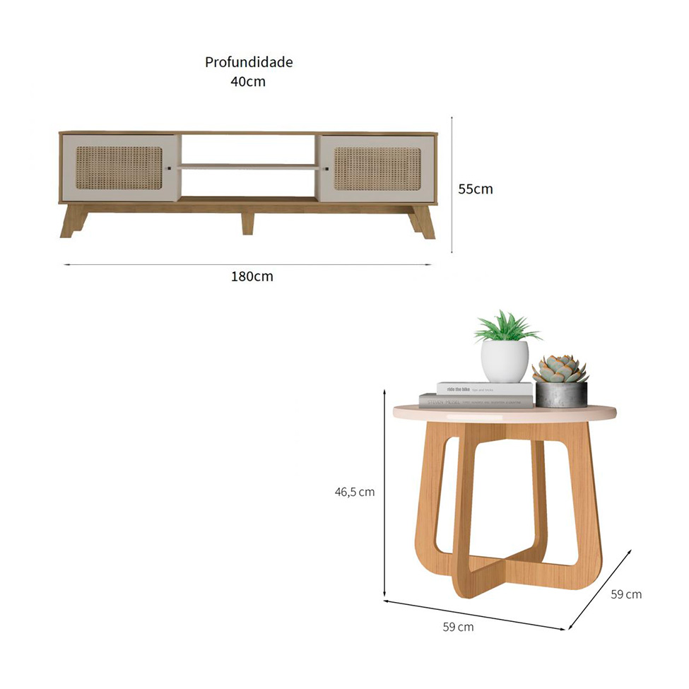 Conjunto de Rack Charlotte 2 PT com Mesa de Centro Redonda Jasmin Off White e Carvalho