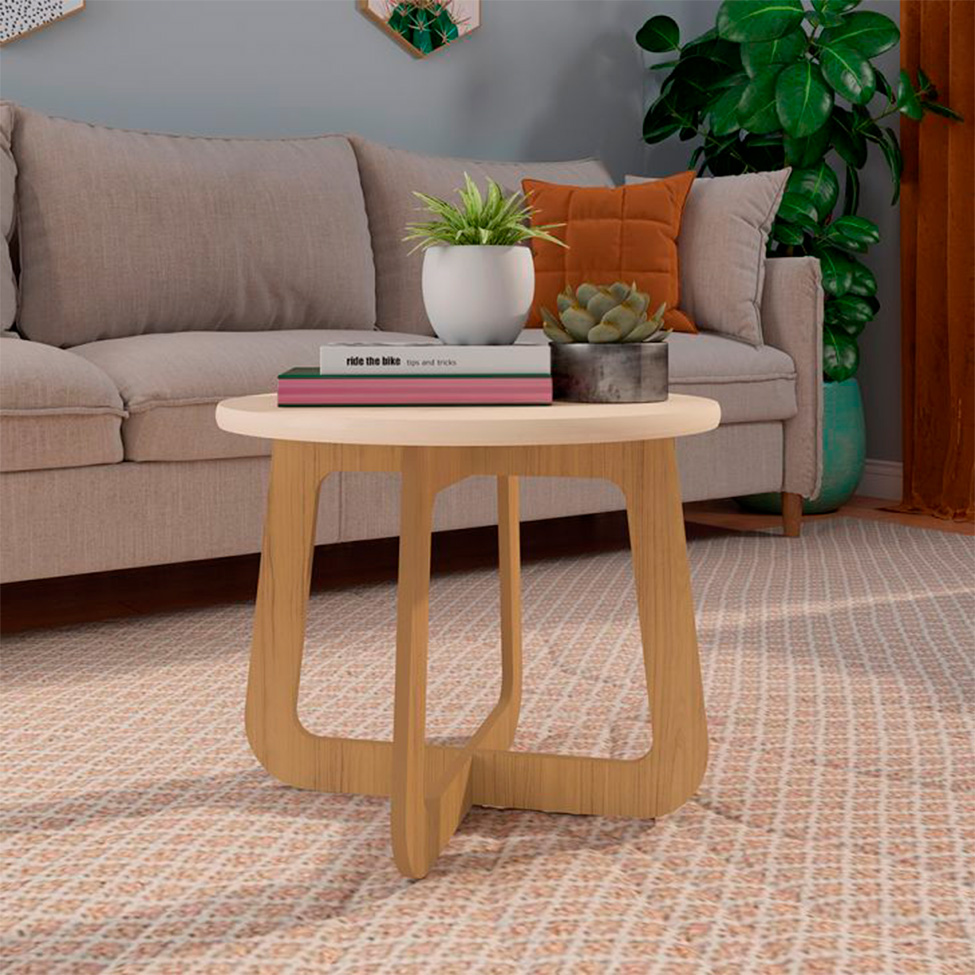 Conjunto de Rack Charlotte 2 PT com Mesa de Centro Redonda Jasmin Off White e Carvalho