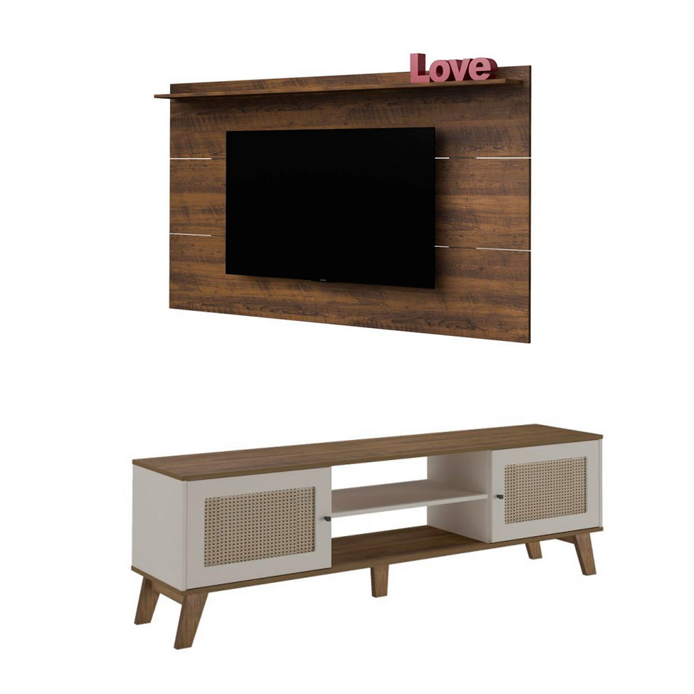 Conjunto de Rack Charlotte 2 PT com Painel para TV até 42 Polegadas Slim Pinho e Off White