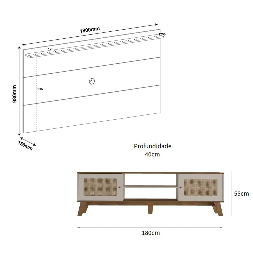 Conjunto de Rack Charlotte 2 PT com Painel para TV até 42 polegadas Slim Pinho e Off White