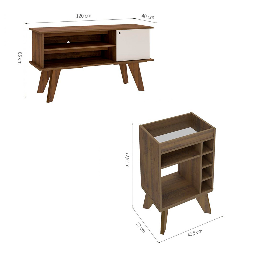 Conjunto de Rack Frank 120 cm com Bar Drink Off White e Marrom