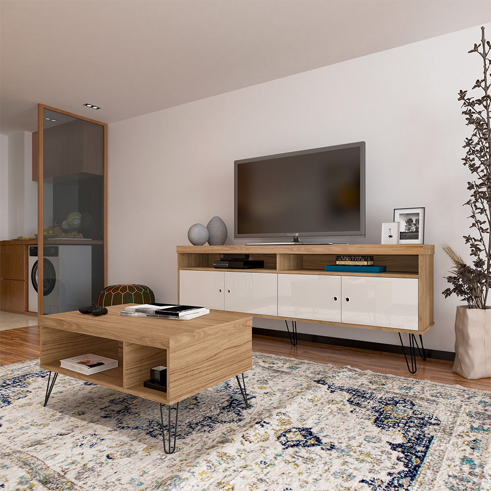 Conjunto de Rack Liberty 4 PT com Mesa de Centro Retangular Off White e Carvalho
