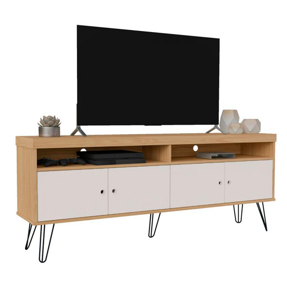 Conjunto de Rack Liberty 4 PT com Mesa de Centro Retangular Off White e Carvalho