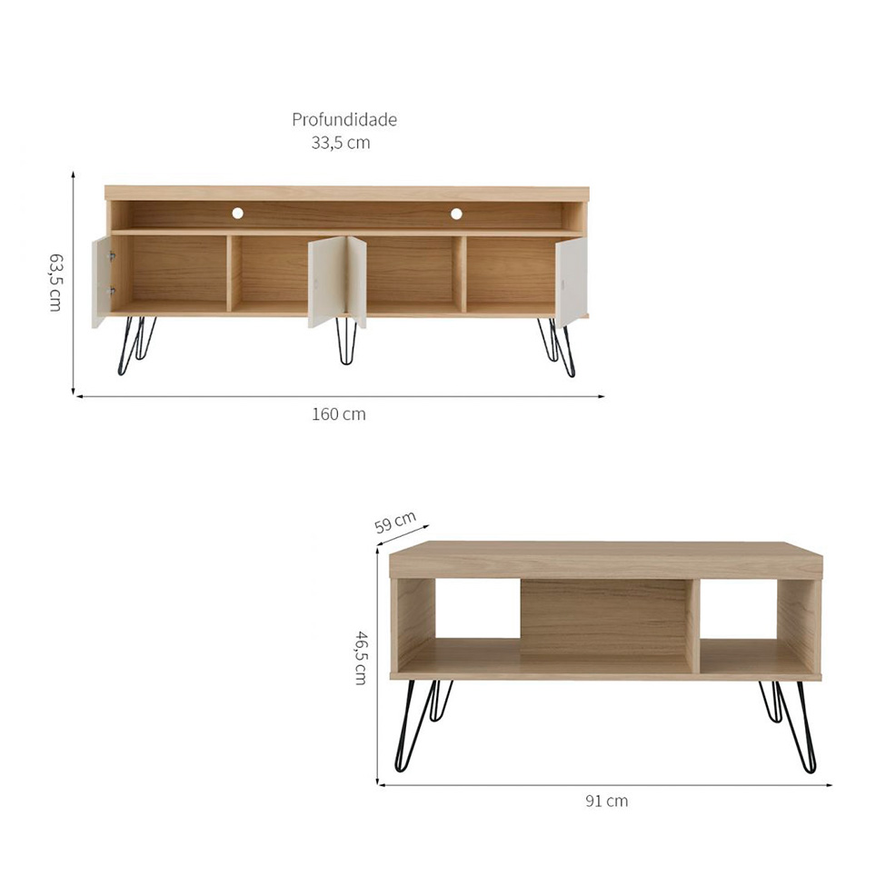 Conjunto de Rack Liberty 4 PT com Mesa de Centro Retangular Off White e Carvalho
