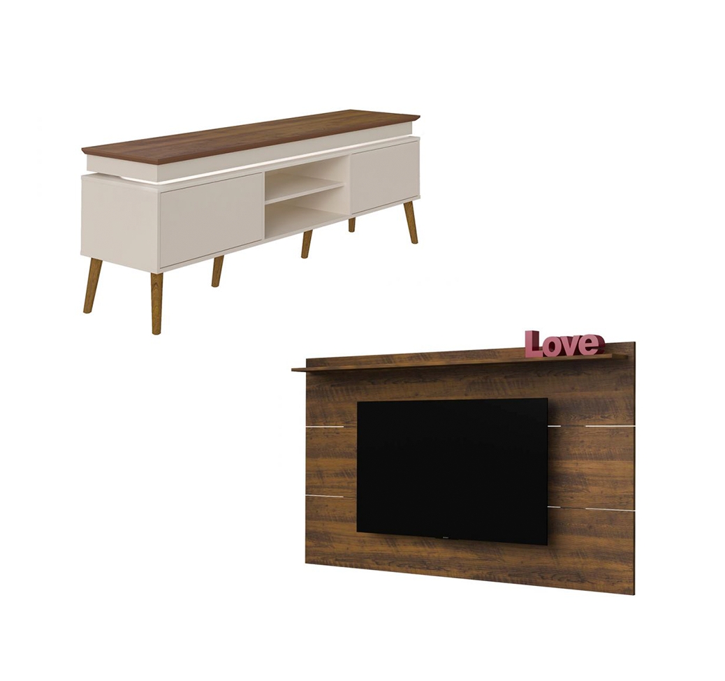 Conjunto de Rack Lumina com Painel para TV até 42 Polegadas Slim Off White e Pinho