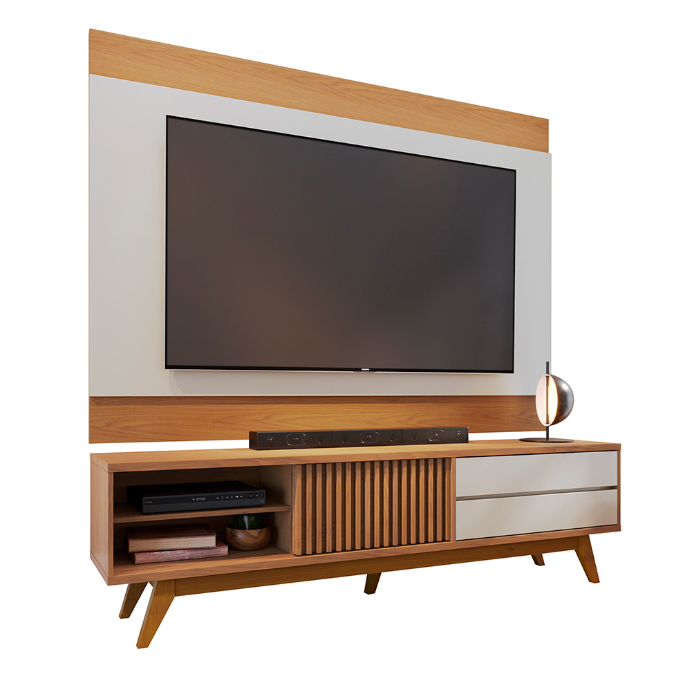 Conjunto de Rack Veneza 1 PT 2 GV com Painel para TV até 75 Polegadas Nilo Freijó e Off White