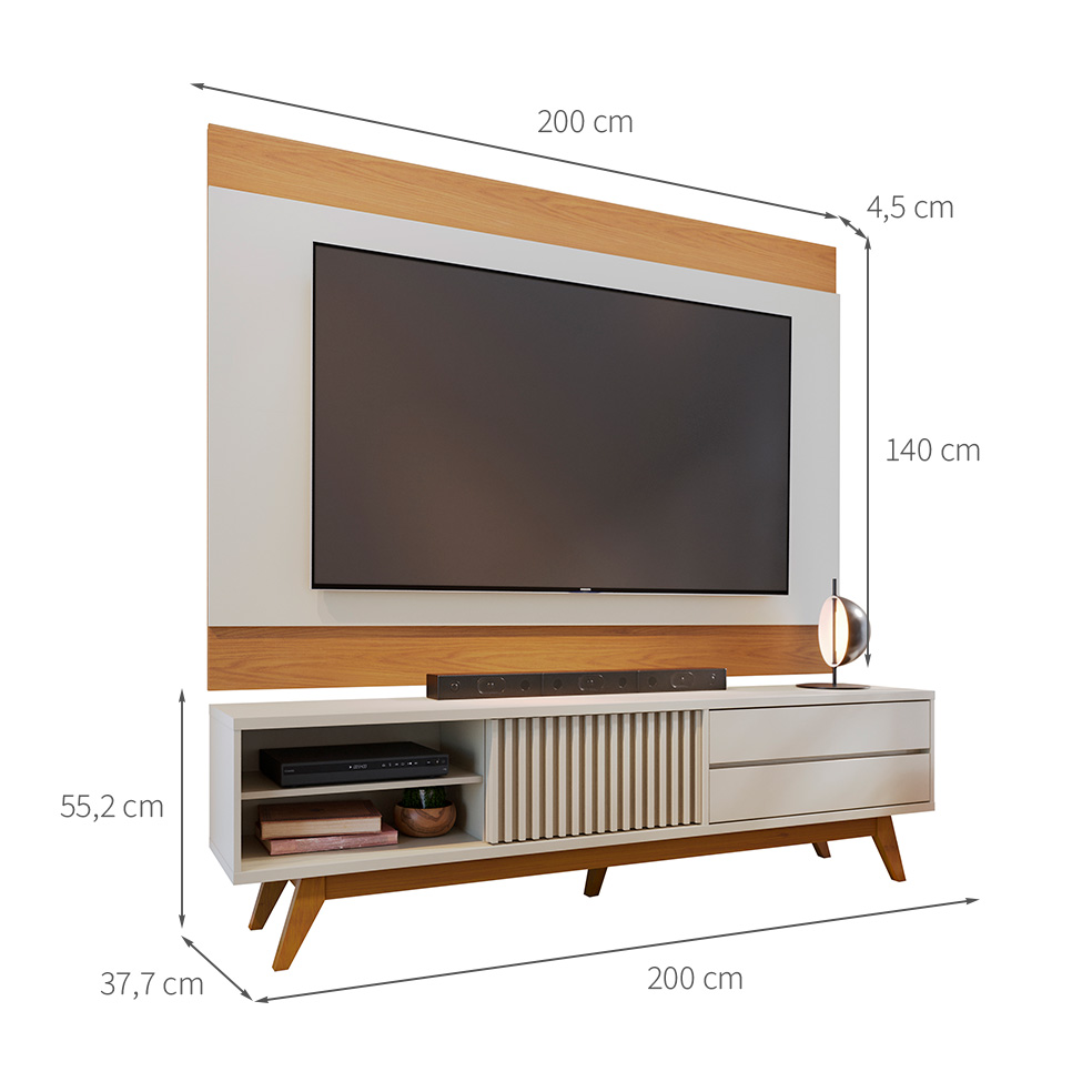 Conjunto de Rack Veneza 1 PT 2 GV com Painel para TV até 75 Polegadas Nilo Off White e Freijó