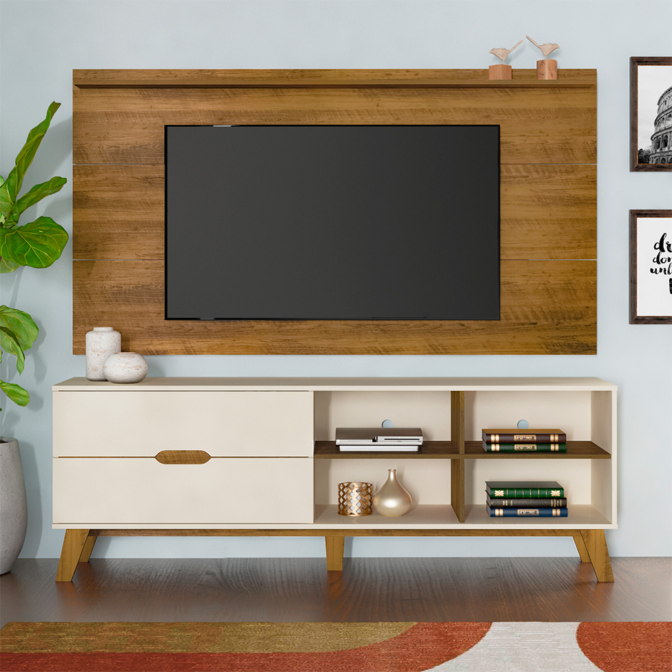 Conjunto de Rack Verona 2 GV com Painel para TV até 42 polegadas Slim Off White e Pinho