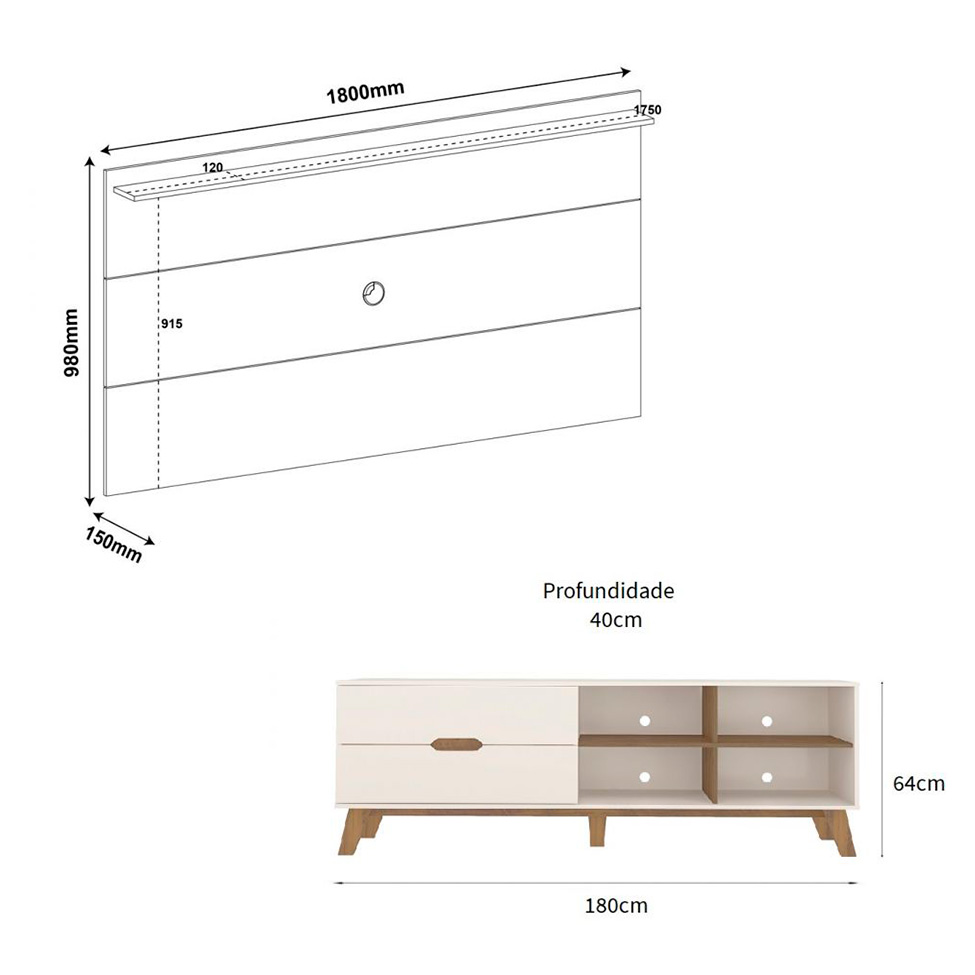 Conjunto de Rack Verona 2 GV com Painel para TV até 42 polegadas Slim Off White e Pinho