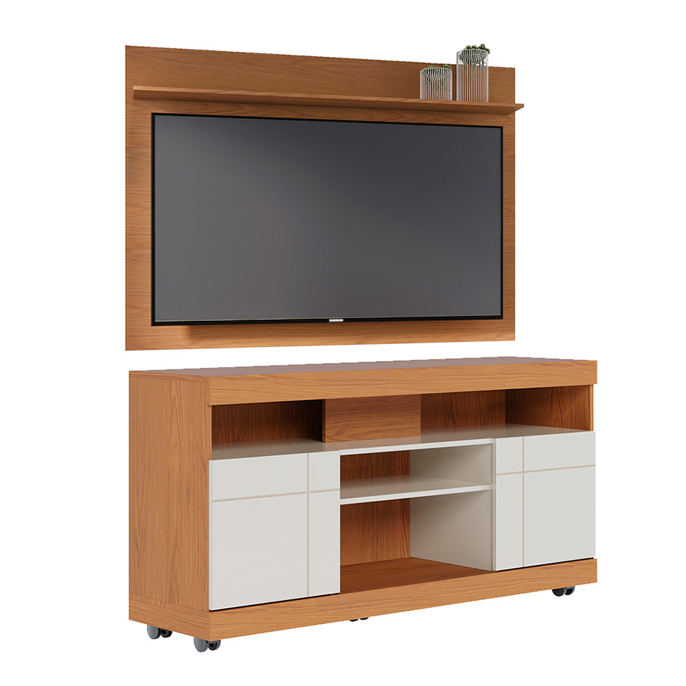 Conjunto de Rack Yara 2 PT com Painel para TV até 55 Polegadas Maia Freijó e Off White