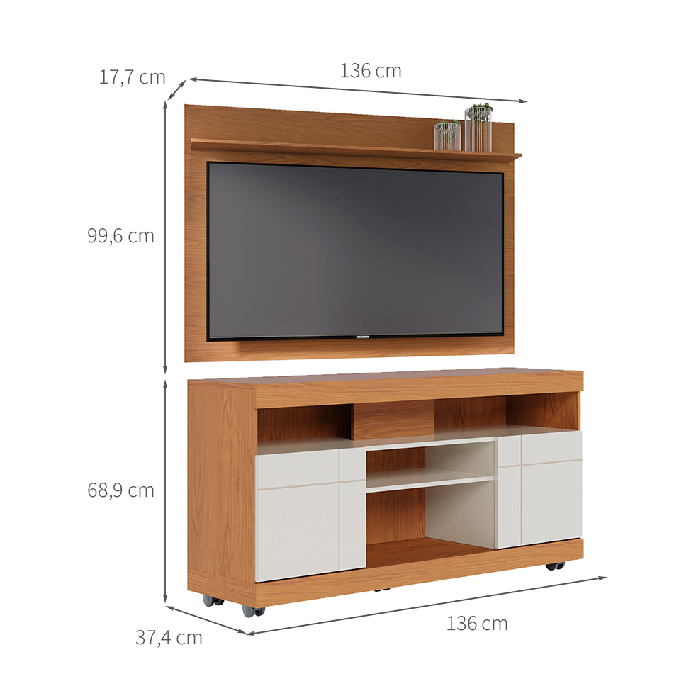 Conjunto de Rack Yara 2 PT com Painel para TV até 55 Polegadas Maia Freijó e Off White