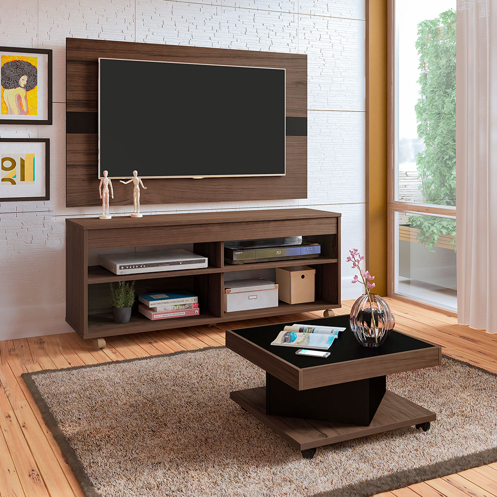 Conjunto de Rack com Painel para TV até 47 Polegadas Cross e Mesa de Centro Saara Amêndoa e Preto