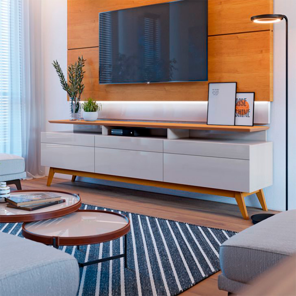 Conjunto de Rack com Painel para TV até 60 polegadas Classic Nature e Off White 218 cm