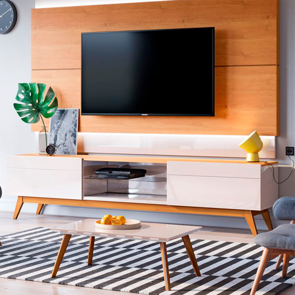 Conjunto de Rack com Painel para TV até 60 polegadas e Mesa de Centro Classic II Nature e Off White 218 cm