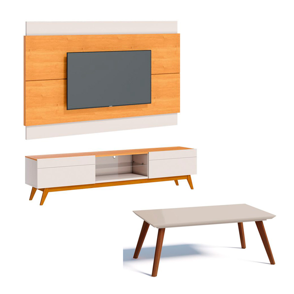 Conjunto de Rack com Painel para TV até 60 polegadas e Mesa de Centro Classic II Nature e Off White 218 cm