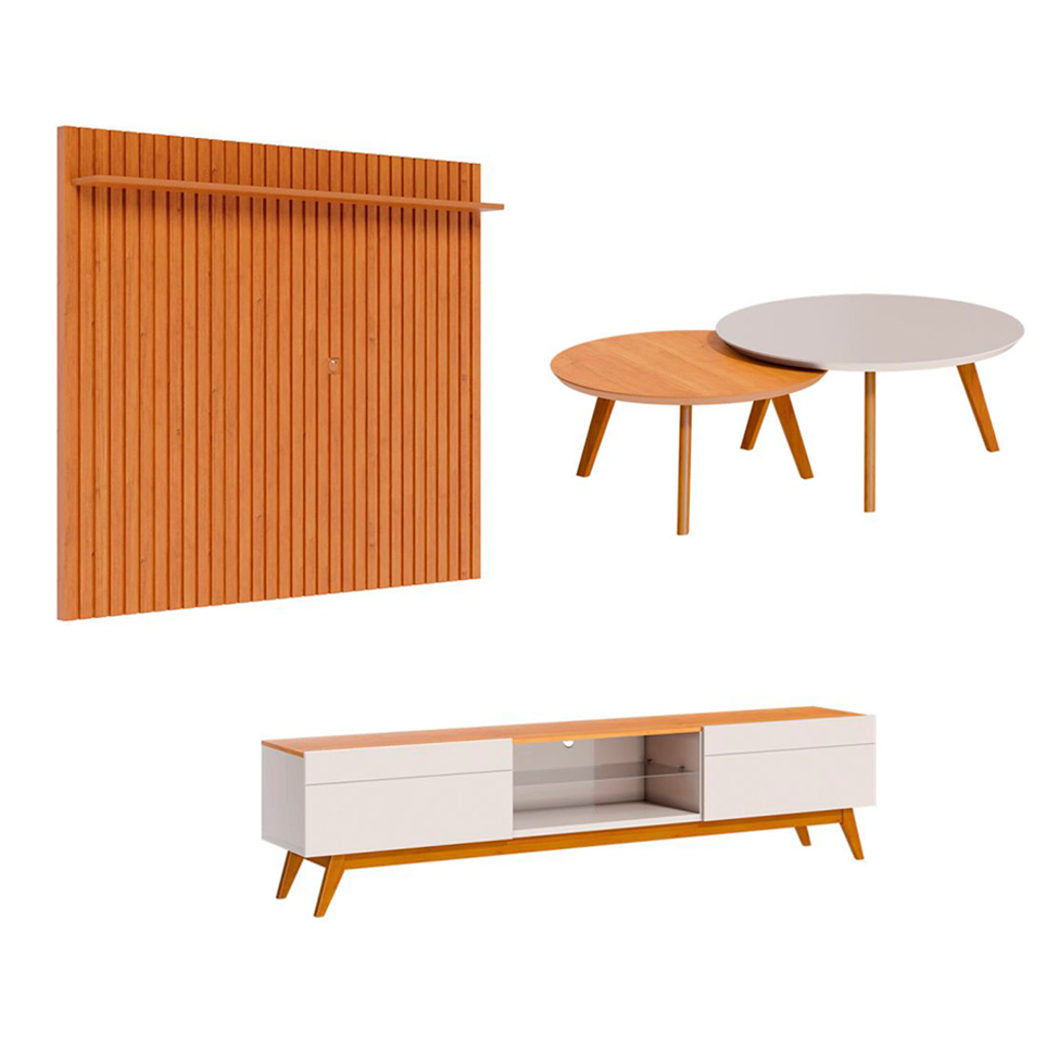 Conjunto de Rack com Painel para TV até 70 polegadas e Mesas de Centro Classic II Nature e Off White