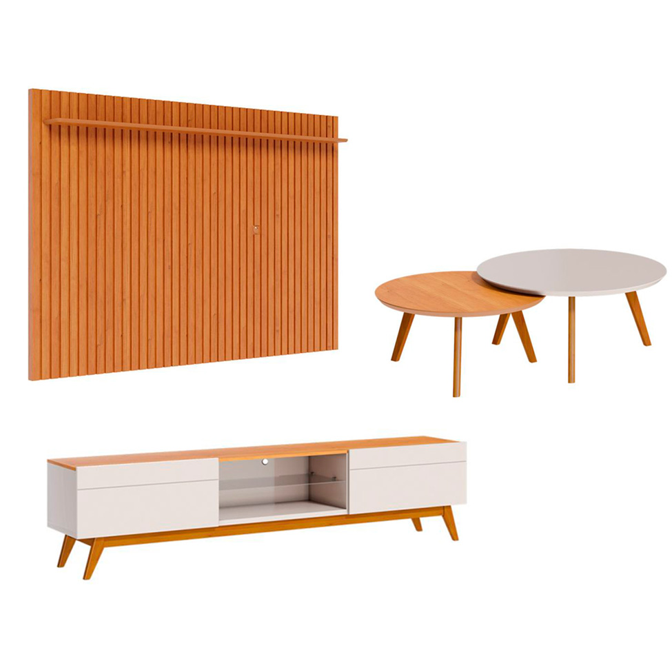 Conjunto de Rack com Painel para TV até 75 polegadas e Mesas de Centro Classic II Nature e Off White