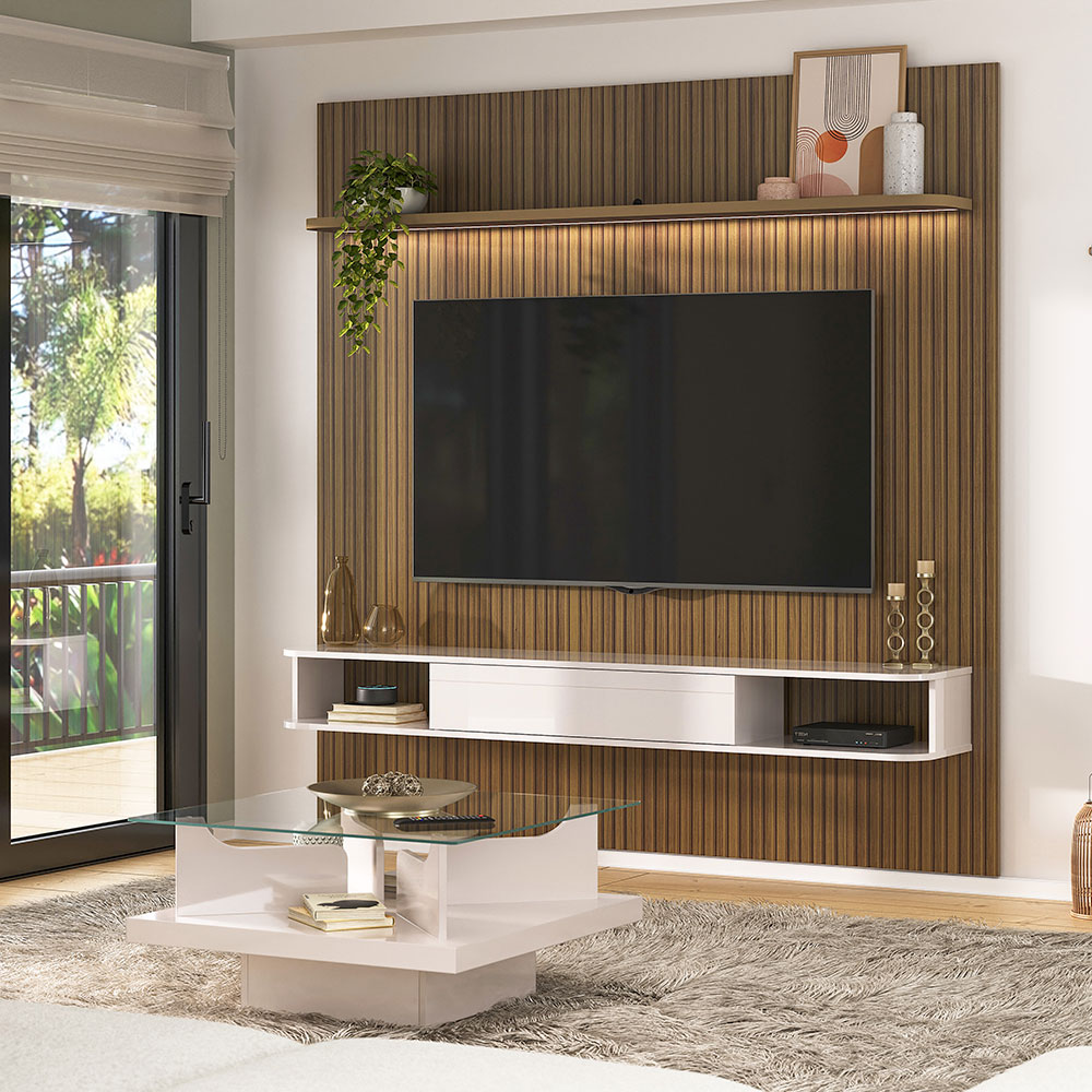 Conjunto de Sala de Estar Beluno com Painel para TV até 75 polegadas com LED e Mesa de Centro Clear Carvalho e Off White