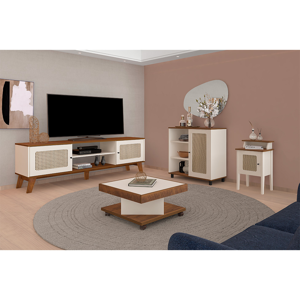 Conjunto de Sala de Estar Charlotte com Rack 2 PT, Buffet 1 PT, Mesa Lateral 1 PT e Mesa de Centro Pinho e Off White