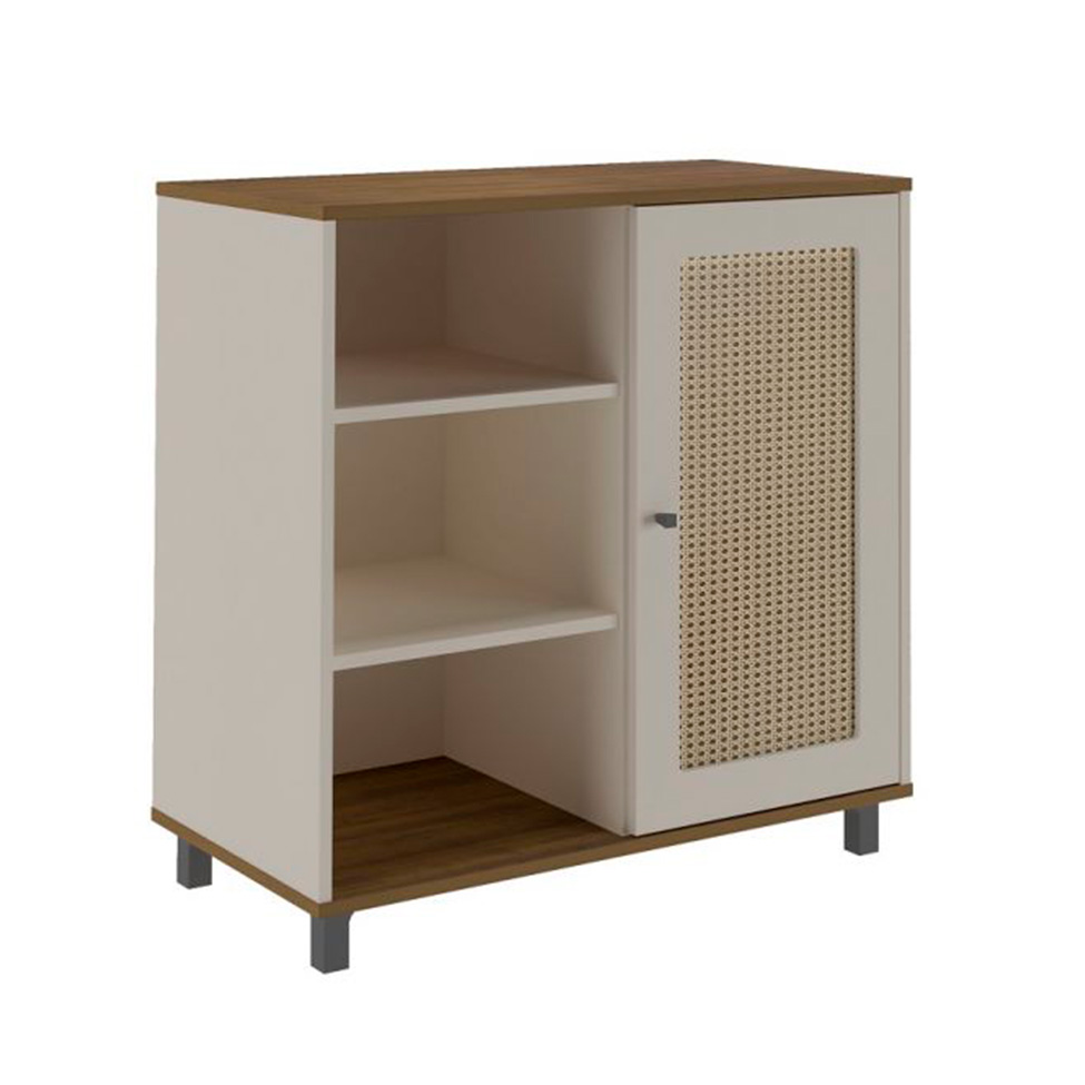 Conjunto de Sala de Estar Charlotte com Rack 2 PT, Buffet 1 PT, Mesa Lateral 1 PT e Mesa de Centro Pinho e Off White
