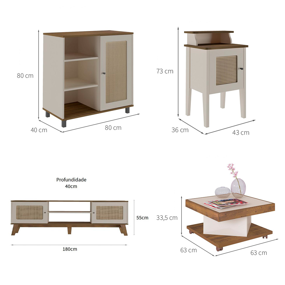 Conjunto de Sala de Estar Charlotte com Rack 2 PT, Buffet 1 PT, Mesa Lateral 1 PT e Mesa de Centro Pinho e Off White
