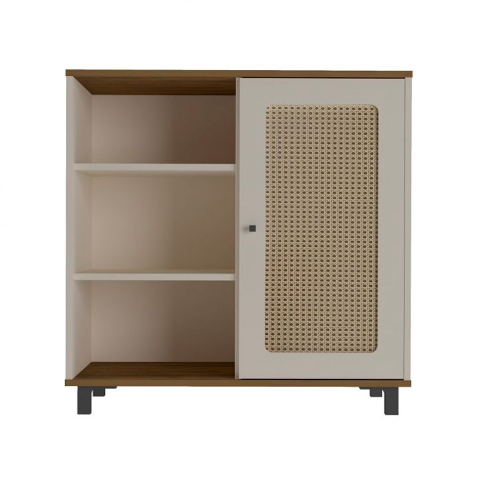 Conjunto de Sala de Estar Charlotte com Rack 2 PT, Buffet 1 PT, Mesa Lateral 1 PT e Mesa de Centro Pinho e Off White