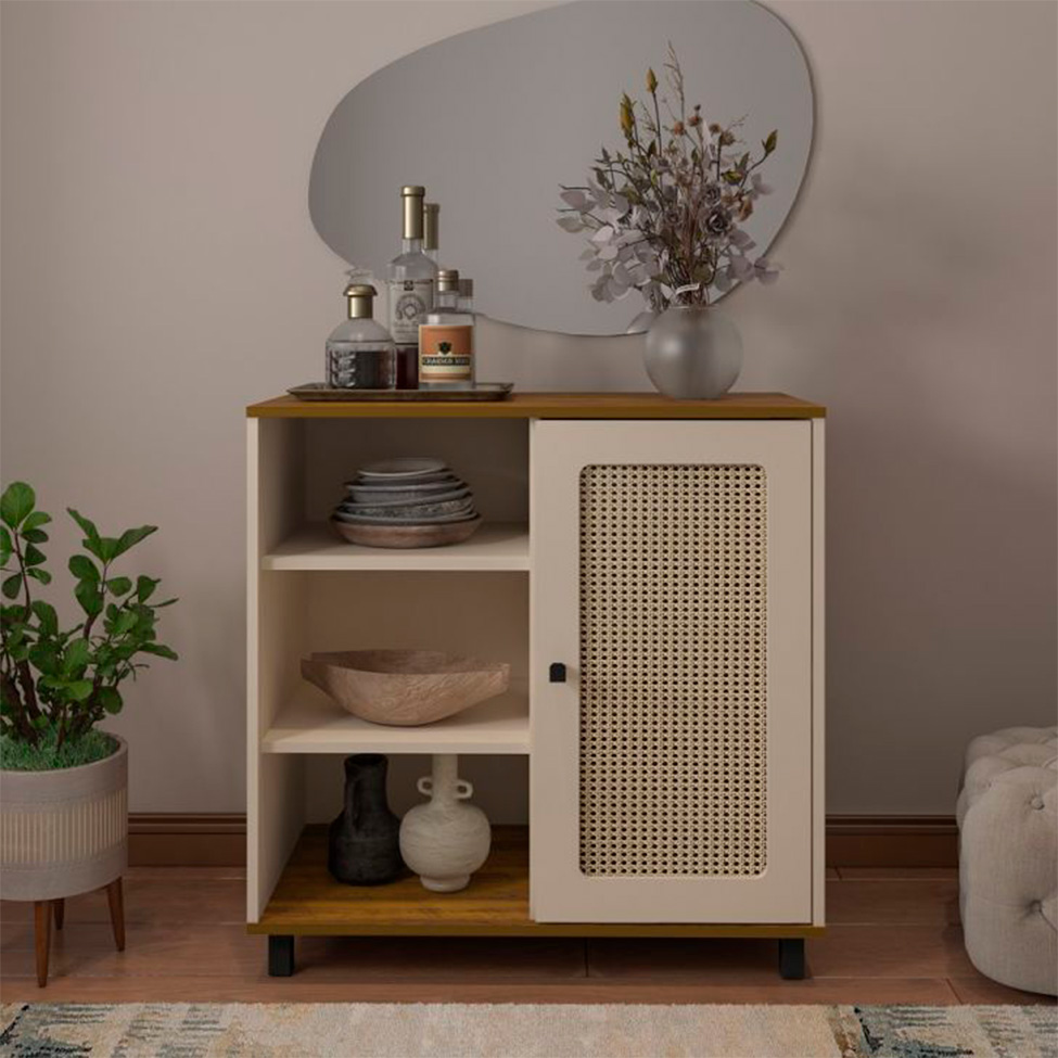 Conjunto de Sala de Estar Charlotte com Rack 2 PT, Buffet 1 PT, Mesa Lateral 1 PT e Mesa de Centro Pinho e Off White