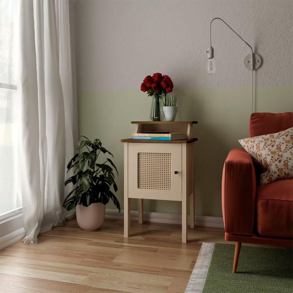 Conjunto de Sala de Estar Charlotte com Rack 2 PT, Buffet 1 PT, Mesa Lateral 1 PT e Mesa de Centro Pinho e Off White