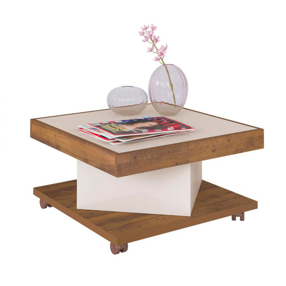 Conjunto de Sala de Estar Charlotte com Rack 2 PT, Buffet 1 PT, Mesa Lateral 1 PT e Mesa de Centro Pinho e Off White