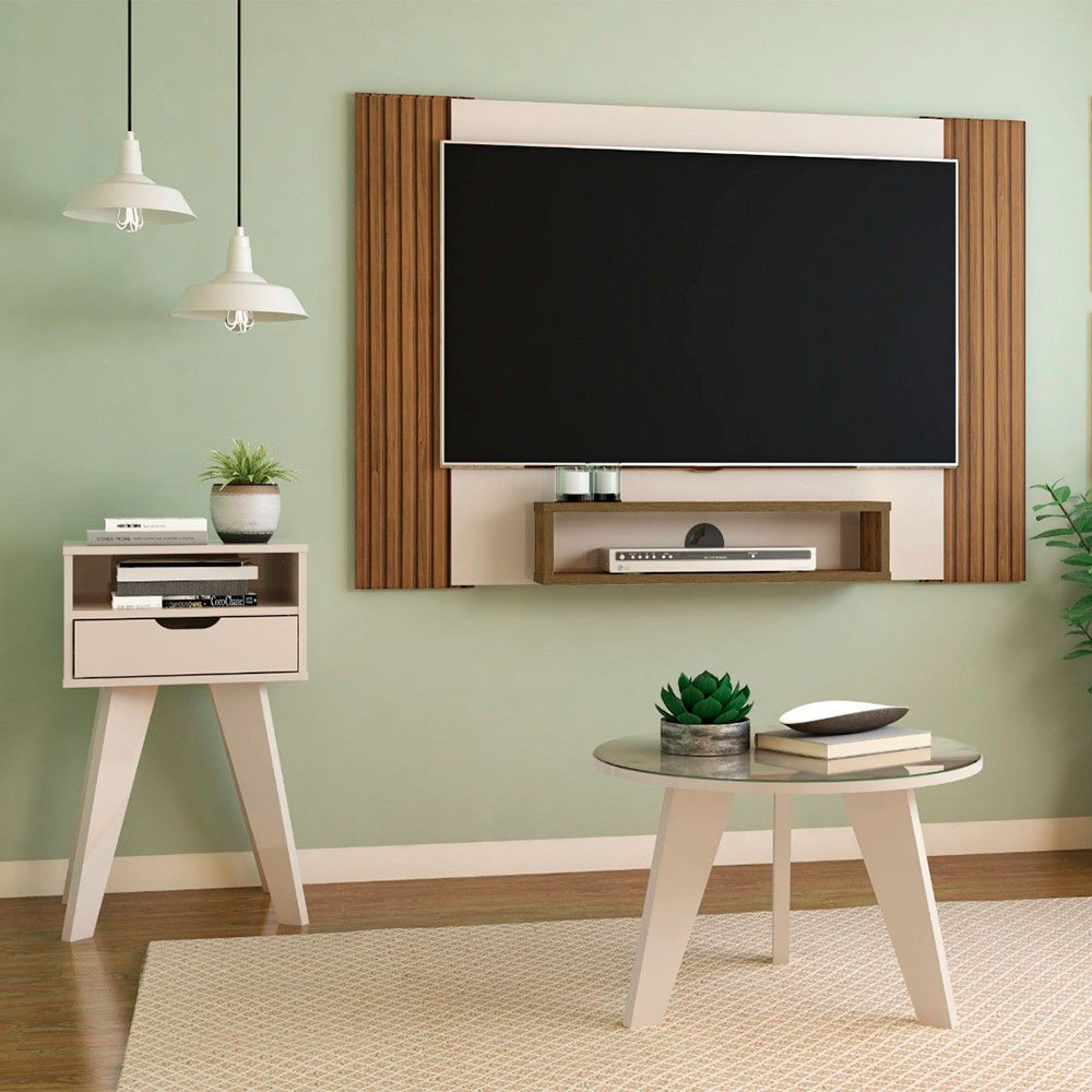 Conjunto de Sala de Estar Cine com Painel para TV até 40 polegadas, Mesa de Centro e Mesa Lateral Pinho e Off White