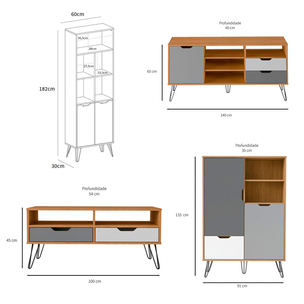 Conjunto de Sala de Estar Estocolmo com Rack 1 PT 2 GV, Adega 2 PT 1 GV, Mesa de Centro 2 GV e Estante 2 PT Carvalho e Cinza