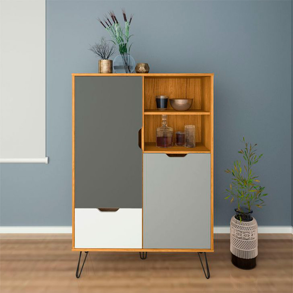 Conjunto de Sala de Estar Estocolmo com Rack 1 PT 2 GV, Adega 2 PT 1 GV, Mesa de Centro 2 GV e Estante 2 PT Carvalho e Cinza