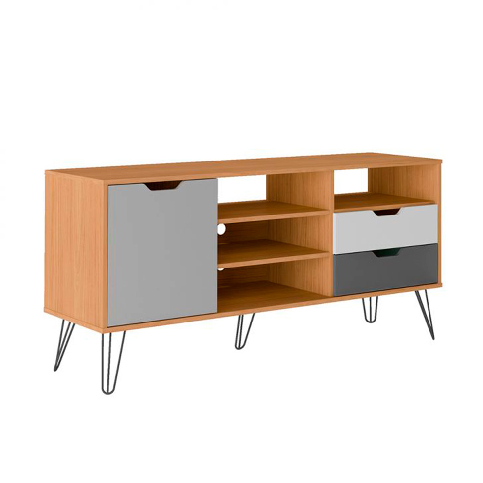 Conjunto de Sala de Estar Estocolmo com Rack 1 PT 2 GV, Adega 2 PT 1 GV, Mesa de Centro 2 GV e Estante 2 PT Carvalho e Cinza