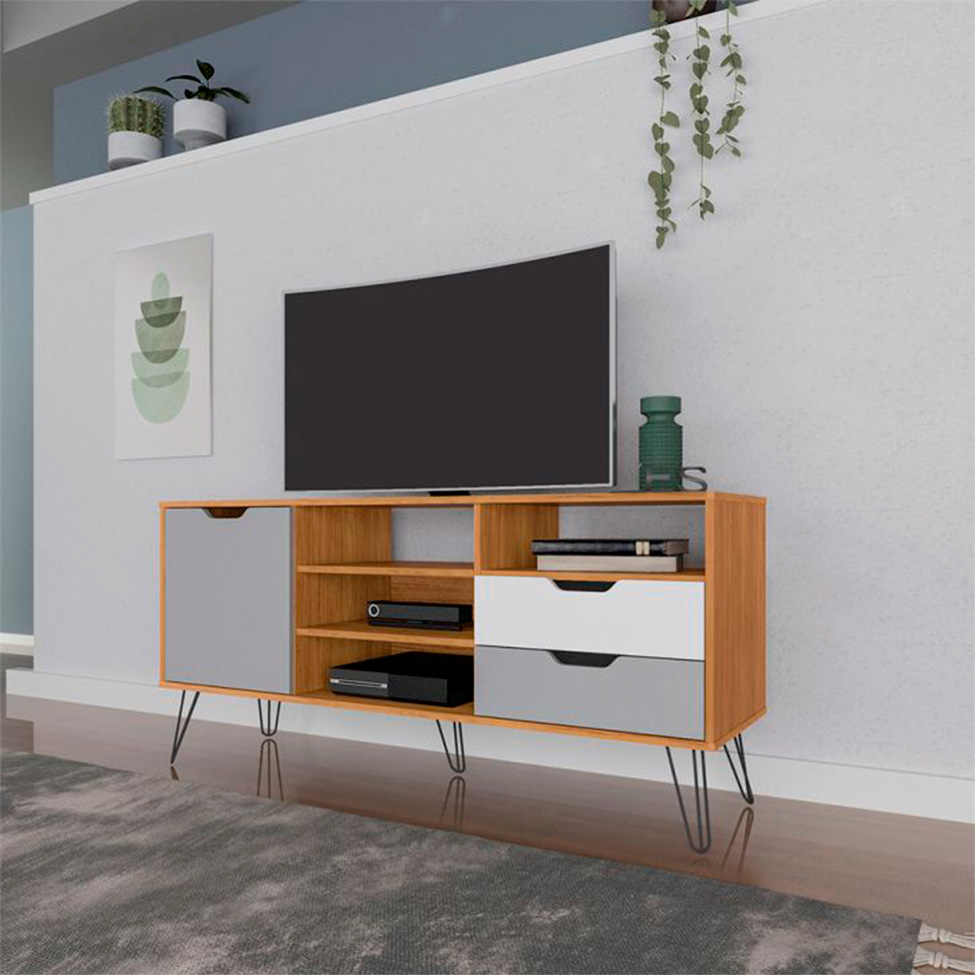 Conjunto de Sala de Estar Estocolmo com Rack 1 PT 2 GV, Adega 2 PT 1 GV, Mesa de Centro 2 GV e Estante 2 PT Carvalho e Cinza