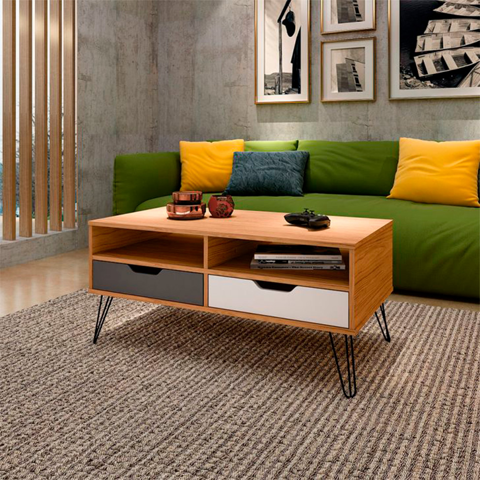Conjunto de Sala de Estar Estocolmo com Rack 1 PT 2 GV, Adega 2 PT 1 GV, Mesa de Centro 2 GV e Estante 2 PT Carvalho e Cinza