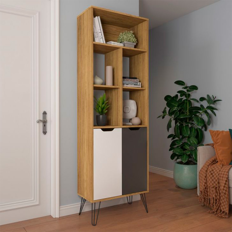 Conjunto de Sala de Estar Estocolmo com Rack 1 PT 2 GV, Adega 2 PT 1 GV, Mesa de Centro 2 GV e Estante 2 PT Carvalho e Cinza