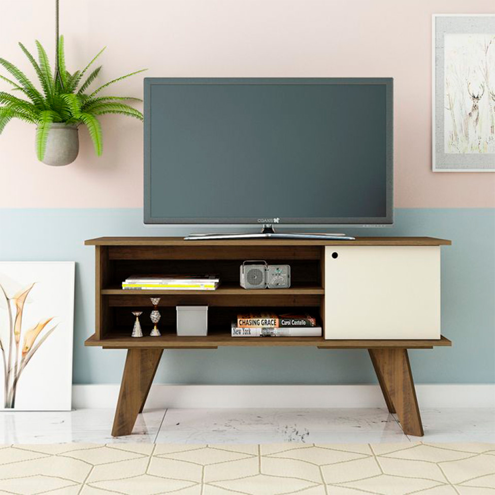 Conjunto de Sala de Estar Frank com Rack 1 PT, Bar e Mesa de Centro Pinho e Off White