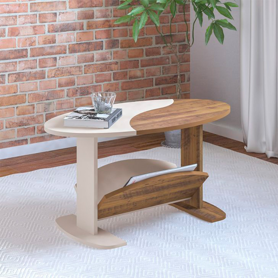 Conjunto de Sala de Estar Frank com Rack 1 PT, Bar e Mesa de Centro Pinho e Off White