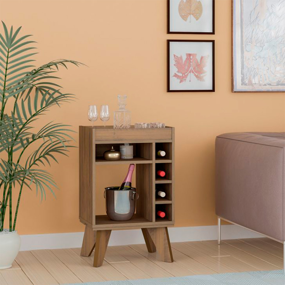 Conjunto de Sala de Estar Frank com Rack 1 PT, Bar e Mesa de Centro Pinho e Off White