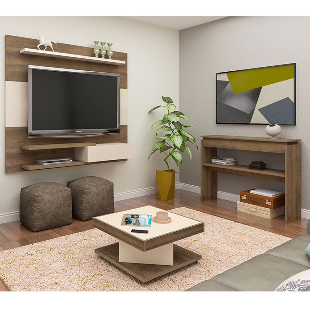 Conjunto de Sala de Estar Monza com Painel para TV até 50 polegadas, Mesa de Centro e Aparador Pinho e Off White