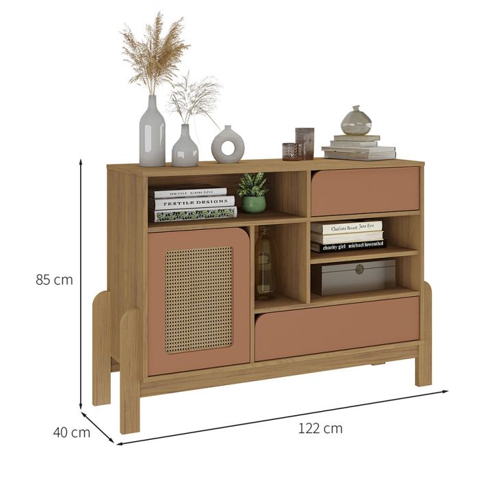 Conjunto de Sala de Estar Nature com Rack para TV até 65 polegadas 1 PT 2 GV, Buffet e Mesa de Centro Carvalho e Terracota