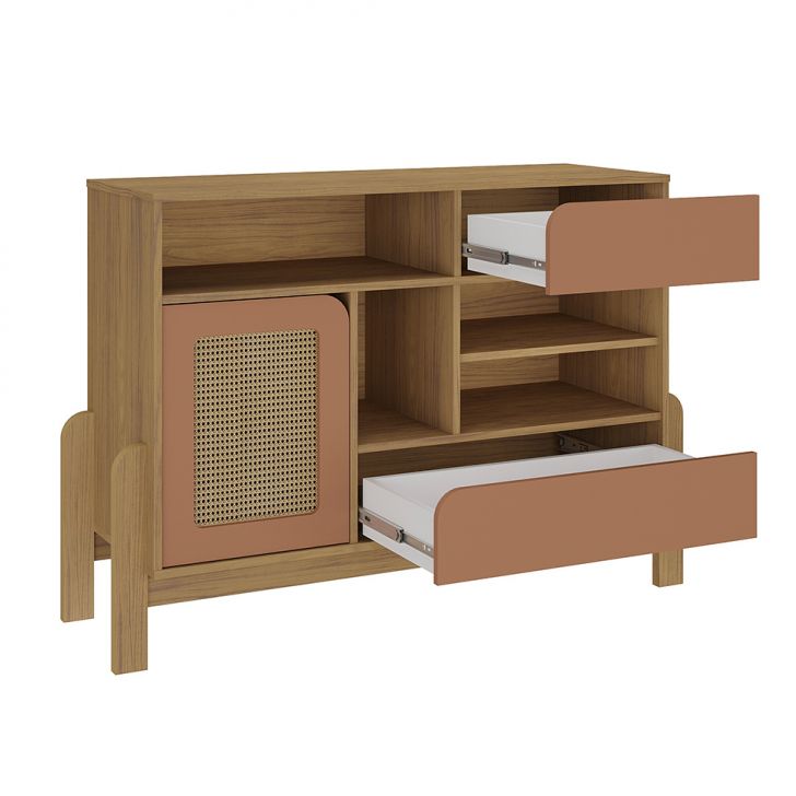 Conjunto de Sala de Estar Nature com Rack para TV até 65 polegadas 1 PT 2 GV, Buffet e Mesa de Centro Carvalho e Terracota