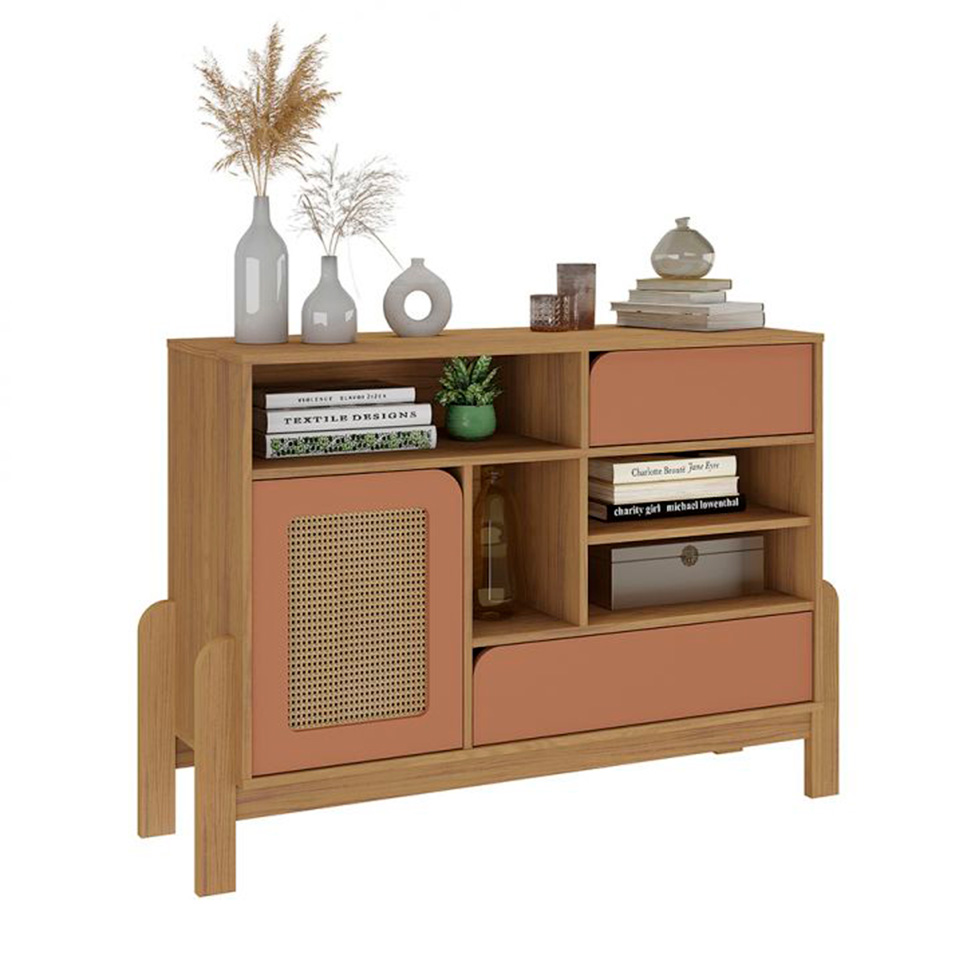 Conjunto de Sala de Estar Nature com Rack para TV até 65 polegadas, Buffet 1 PT 2 GV e Mesa Lateral Carvalho e Terracota