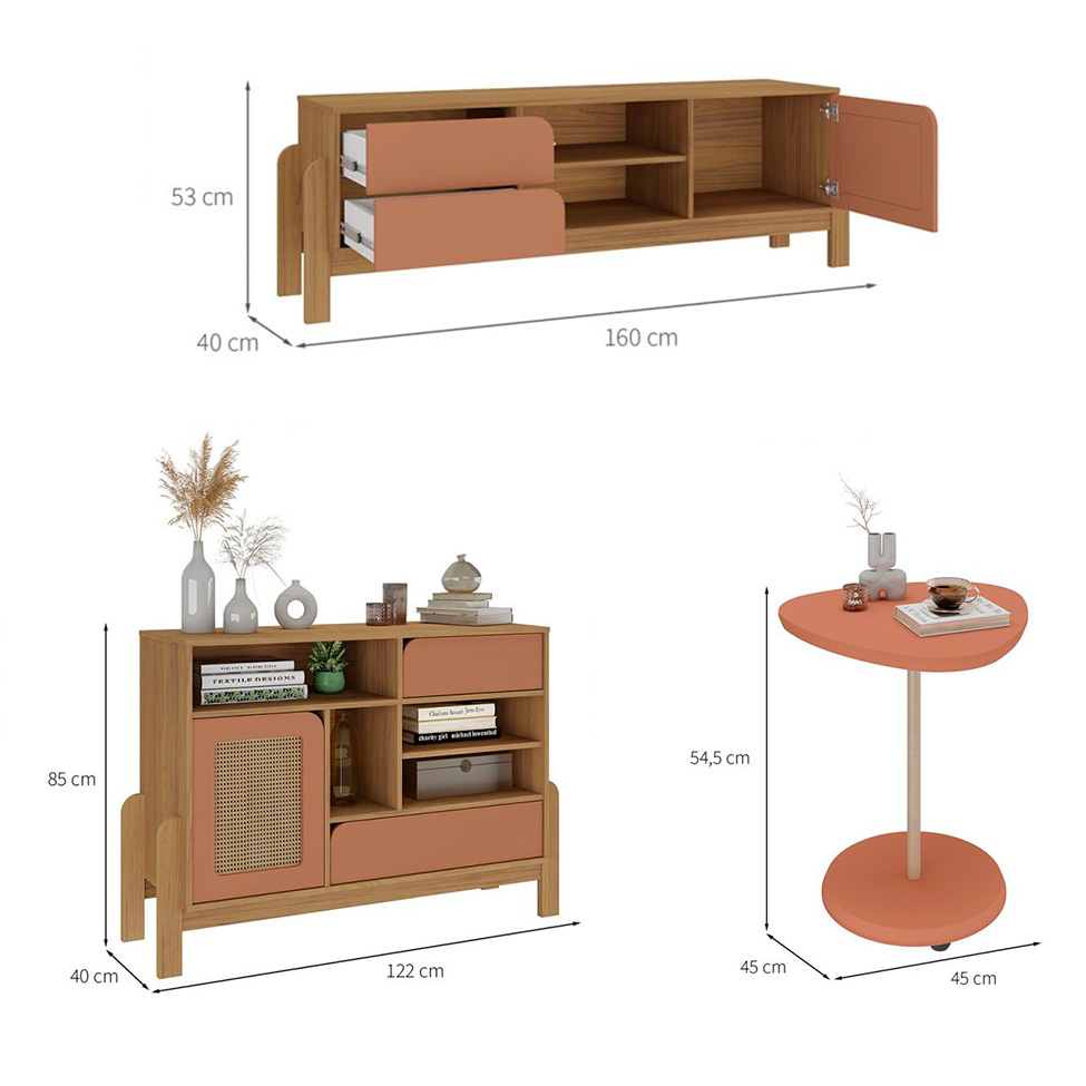 Conjunto de Sala de Estar Nature com Rack para TV até 65 polegadas, Buffet 1 PT 2 GV e Mesa Lateral Carvalho e Terracota