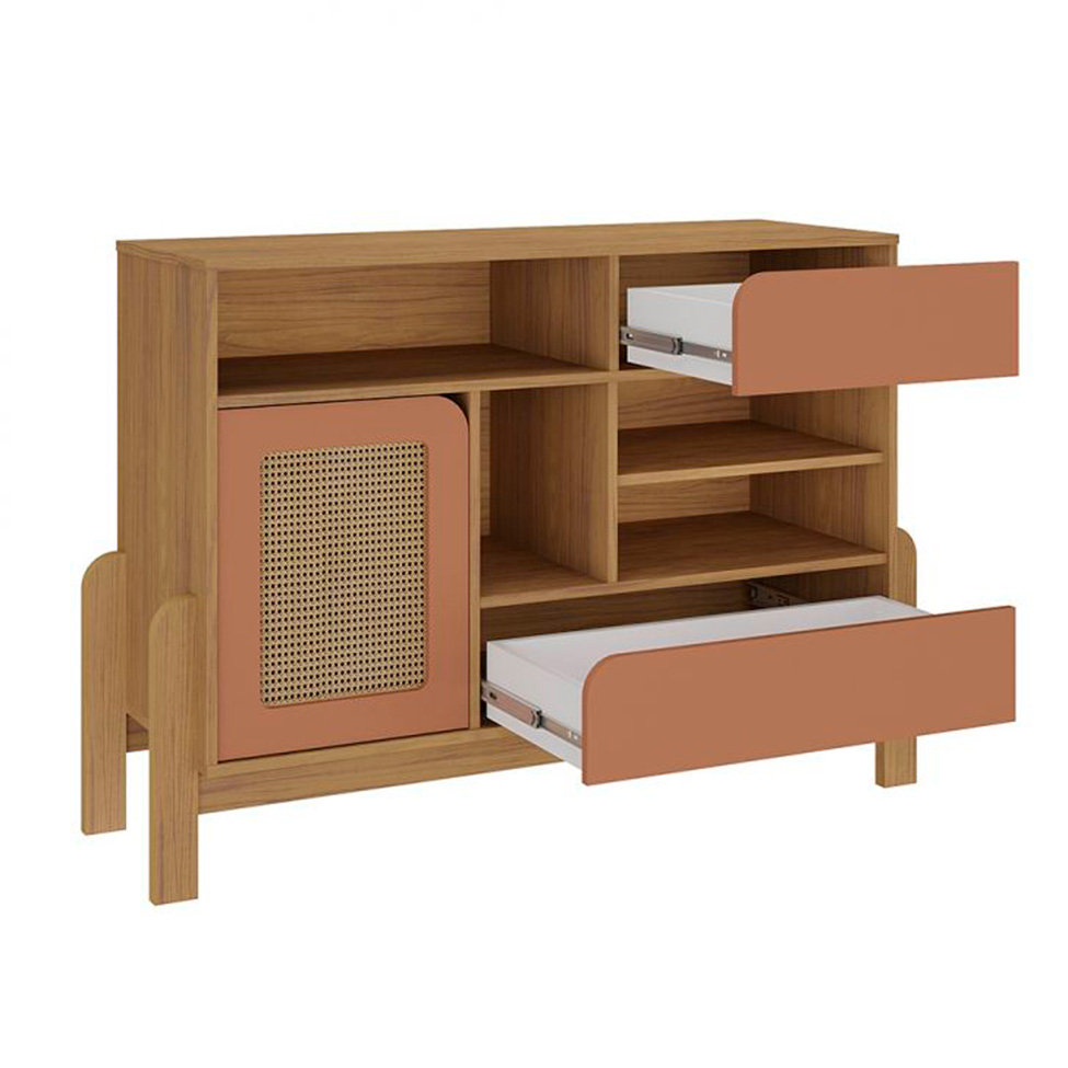 Conjunto de Sala de Estar Nature com Rack para TV até 65 polegadas, Buffet 1 PT 2 GV e Mesa Lateral Carvalho e Terracota