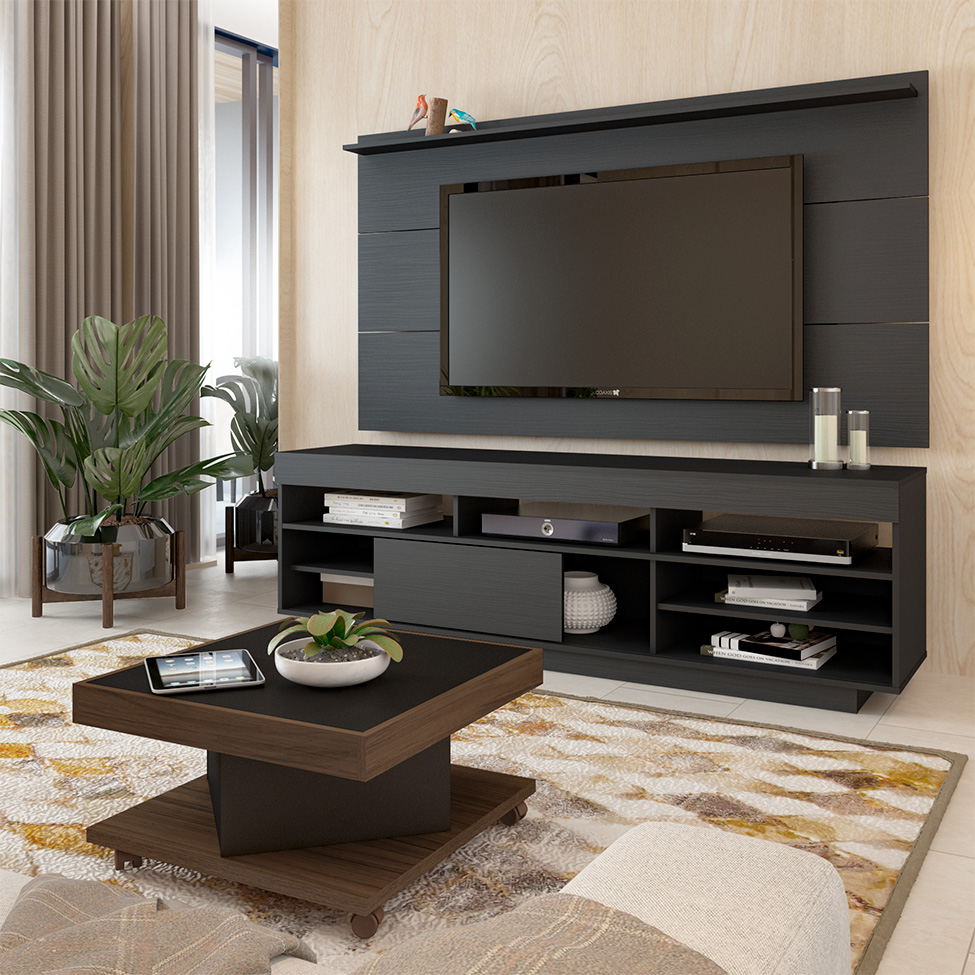 Conjunto de Sala de Estar Treviso com Rack, Painel para TV até 55 polegadas e Mesa de Centro Amêndoa e Preto
