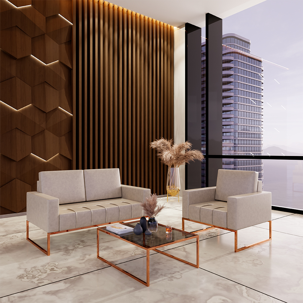 Conjunto de Sofá 2 Lugares com 1 Poltrona Atena Revestimento Sintético Bege