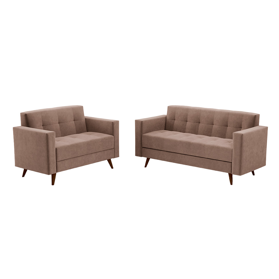 Conjunto de Sofá 2 e 3 Lugares Vitrola Suede Tabaco