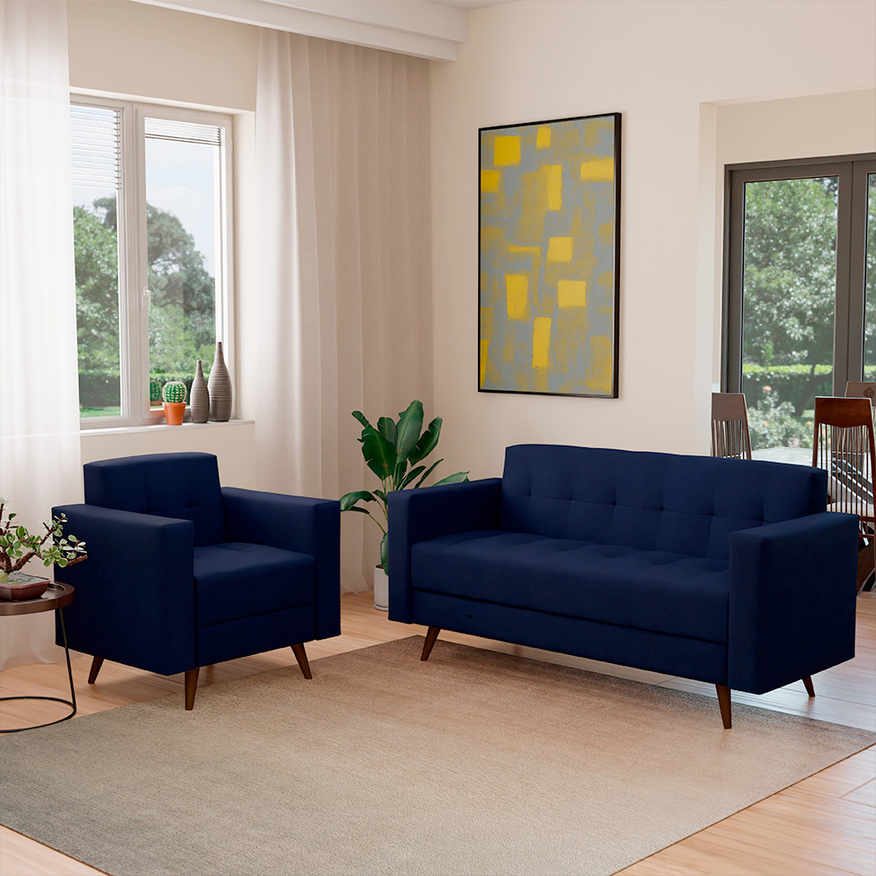 Conjunto de Sofá 3 Lugares com 1 Poltrona Vitrola Suede Azul